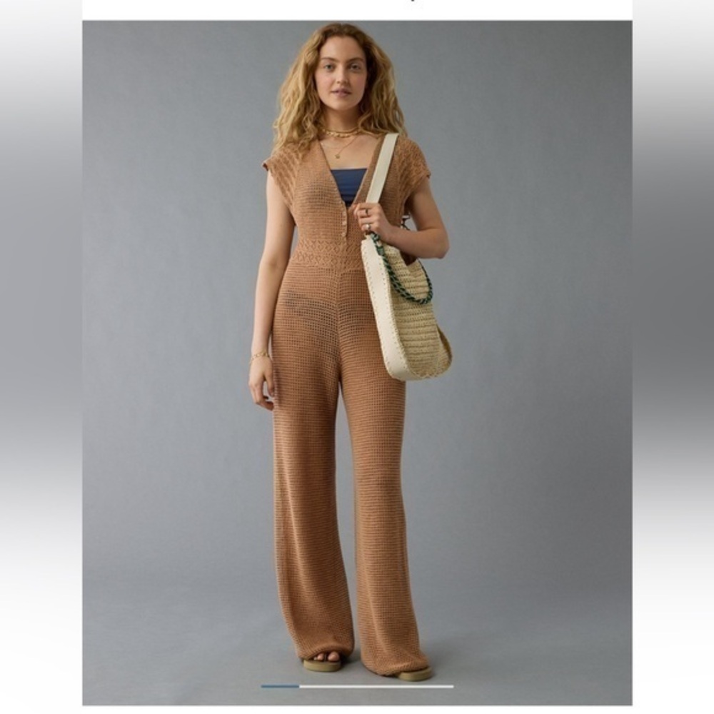 NWT AE Crochet Tan Jumpsuit
